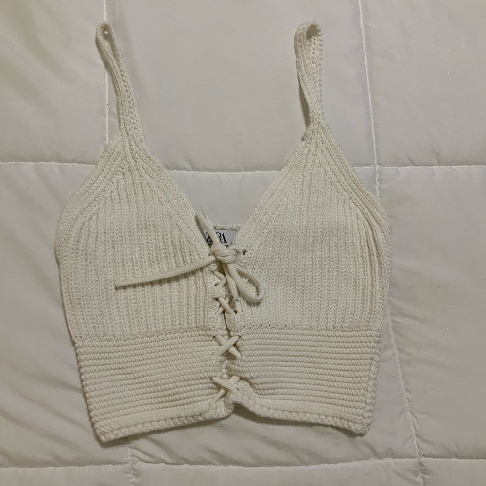 Zara Cream Knit Lace-Up Tank Top